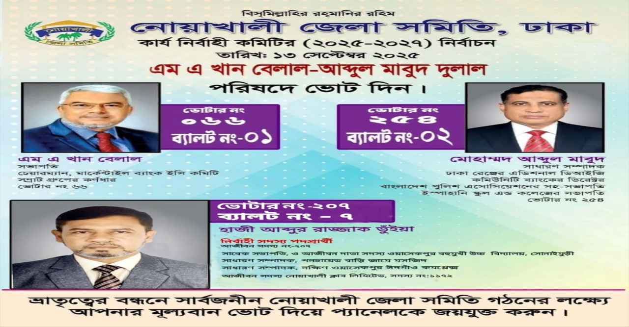 ১৩ সেপ্টেম্বর নোয়াখালী জেলা সমিতির ভোট, মাঠে এম এ খান বেলাল–দুলাল প্যানেল